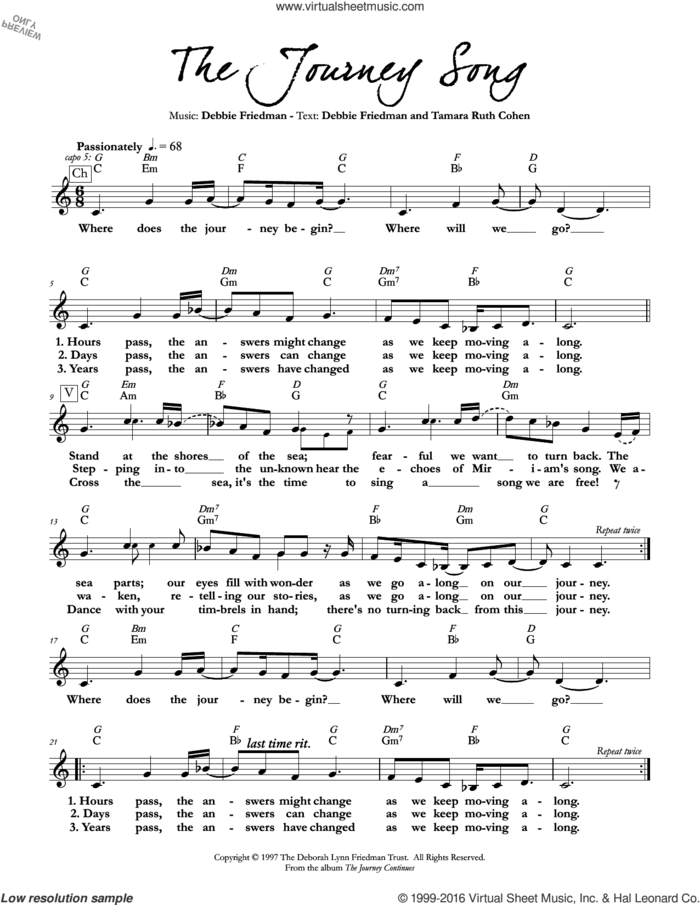 The Journey Song sheet music for voice and other instruments (fake book) by Debbie Friedman & Tamara Ruth Cohen, Debbie Friedman and Tamara Ruth Cohen, intermediate skill level