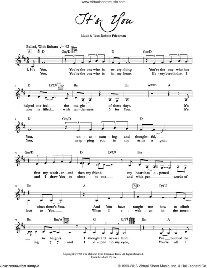 It's You sheet music for voice and other instruments (fake book) by Debbie Friedman, intermediate skill level