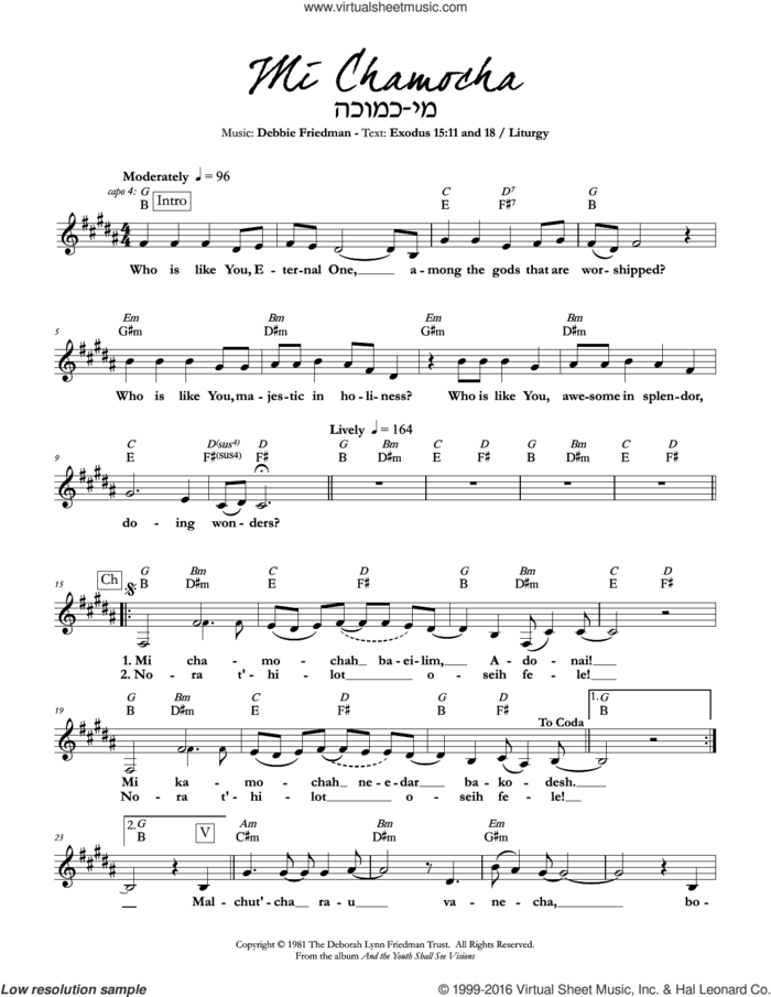 Mi Chamocha sheet music for voice and other instruments (fake book) by Debbie Friedman, intermediate skill level