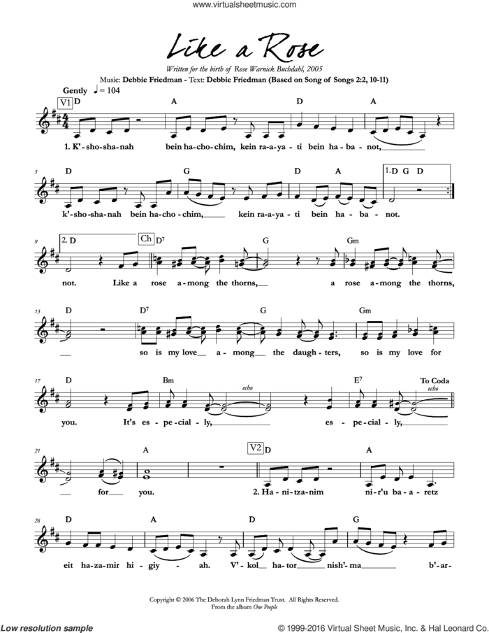 Like a Rose sheet music for voice and other instruments (fake book) by Debbie Friedman, intermediate skill level