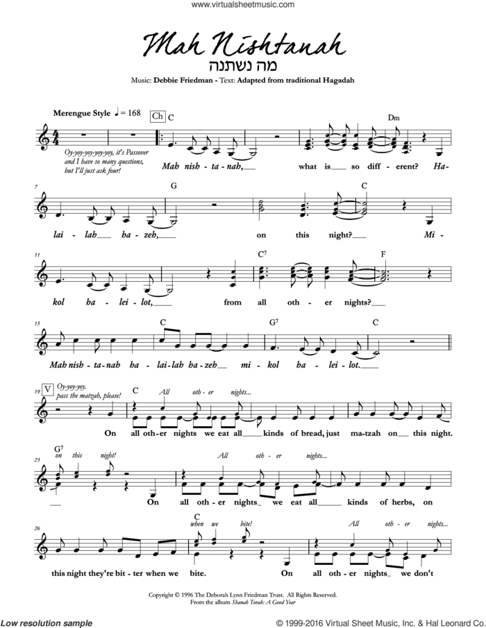 Mah Nishtanah sheet music for voice and other instruments (fake book) by Debbie Friedman, intermediate skill level