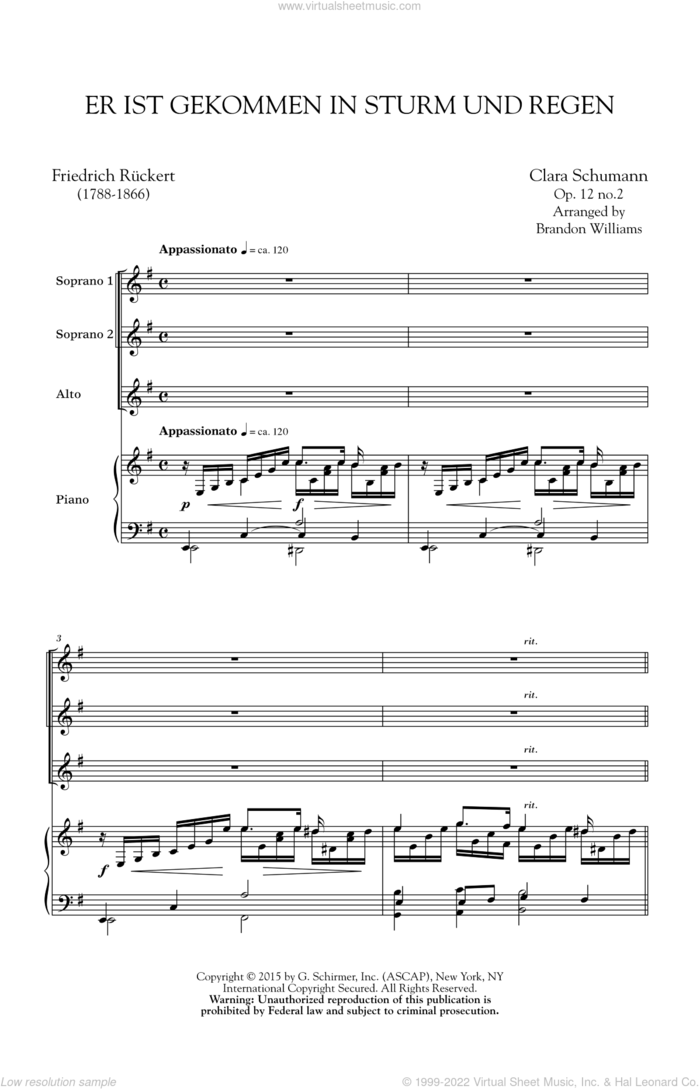 Er Ist Gekommen In Sturm Und Regen (arr. Brandon Williams) sheet music for choir (SSA: soprano, alto) by Clara Schumann and Brandon Williams, intermediate skill level