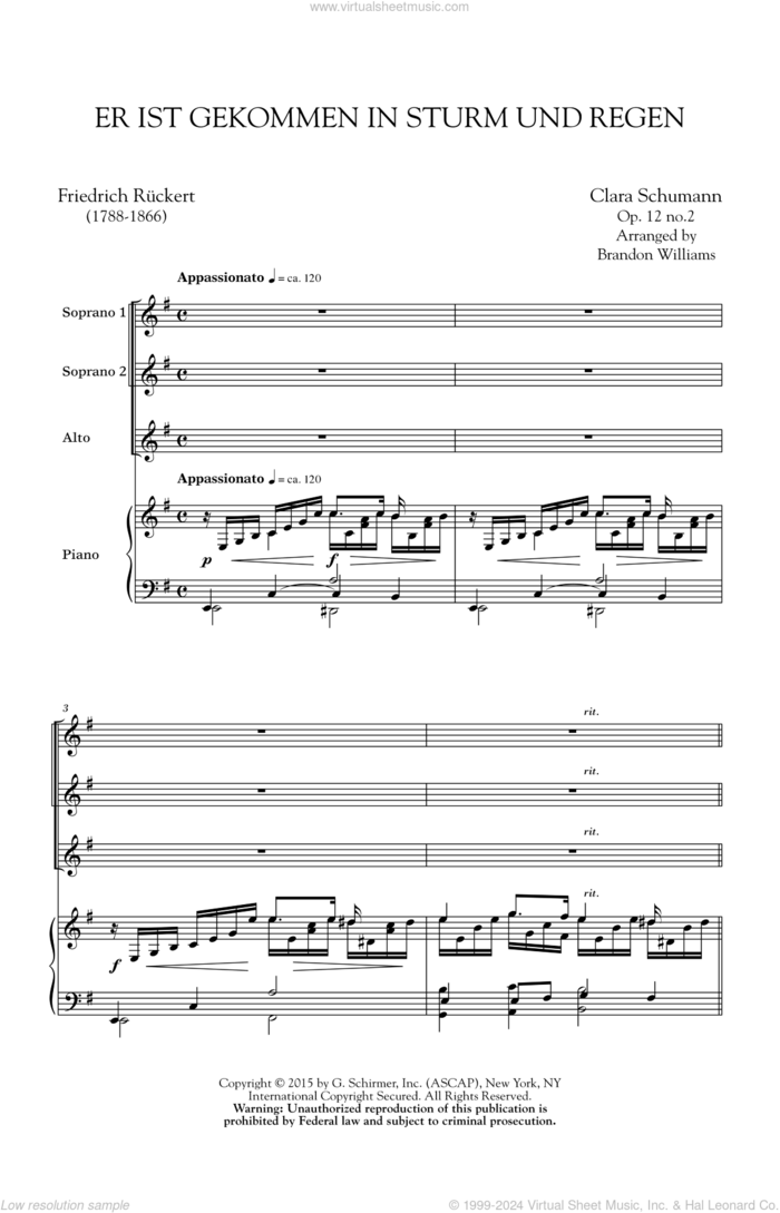 Er Ist Gekommen In Sturm Und Regen (arr. Brandon Williams) sheet music for choir (SSA: soprano, alto) by Clara Schumann and Brandon Williams, intermediate skill level