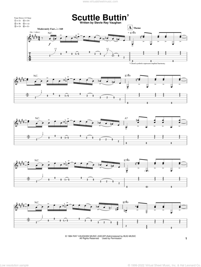 Scuttle Buttin' sheet music for guitar (tablature) by Stevie Ray Vaughan, intermediate skill level