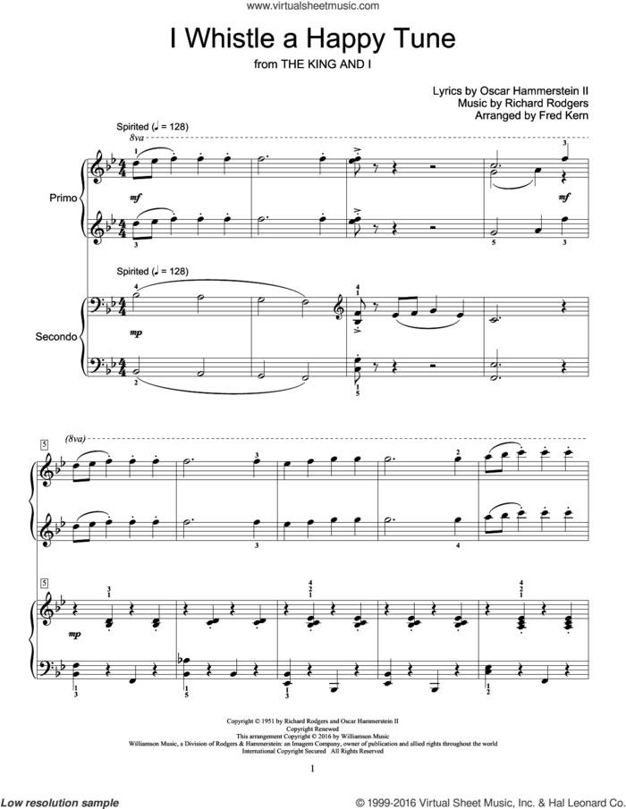 I Whistle A Happy Tune sheet music for piano four hands by Richard Rodgers, Fred Kern and Oscar II Hammerstein, intermediate skill level
