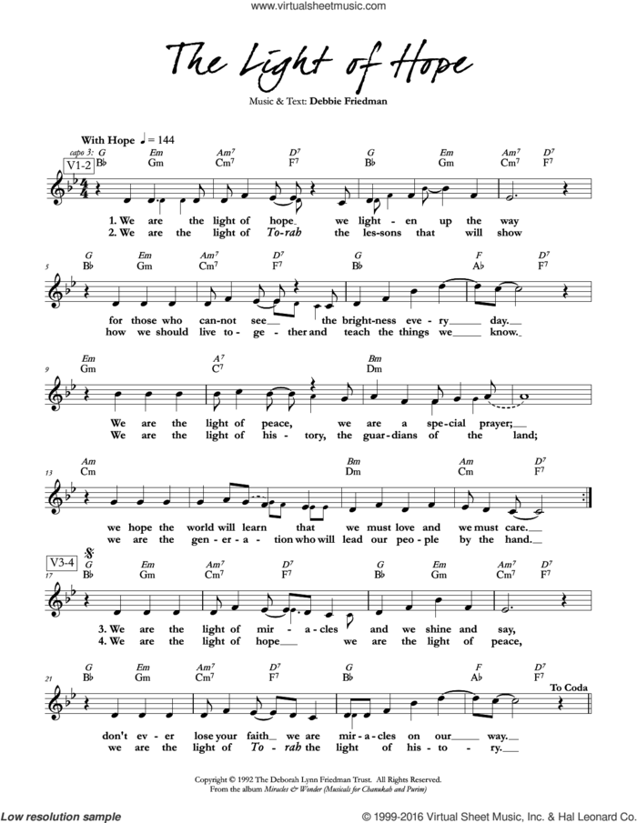 The Light of Hope sheet music for voice and other instruments (fake book) by Debbie Friedman, intermediate skill level
