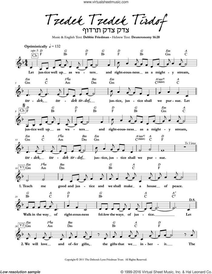 Tzedek Tzedek Tirdof sheet music for voice and other instruments (fake book) by Debbie Friedman, intermediate skill level