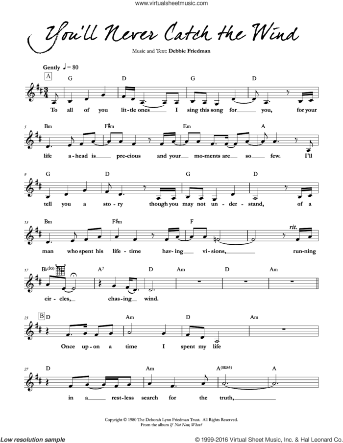 You'll Never Catch the Wind sheet music for voice and other instruments (fake book) by Debbie Friedman, intermediate skill level
