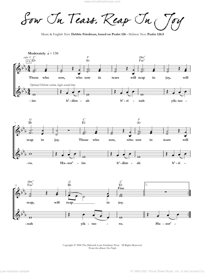 Sow In Tears, Reap In Joy sheet music for voice and other instruments (fake book) by Debbie Friedman, intermediate skill level