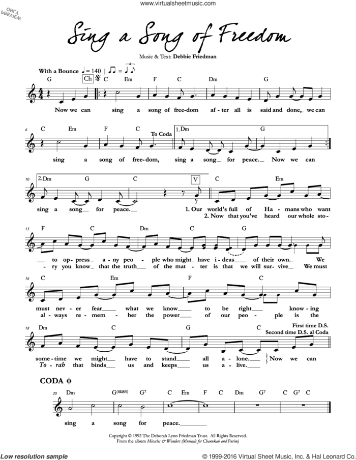 Sing a Song of Freedom sheet music for voice and other instruments (fake book) by Debbie Friedman, intermediate skill level