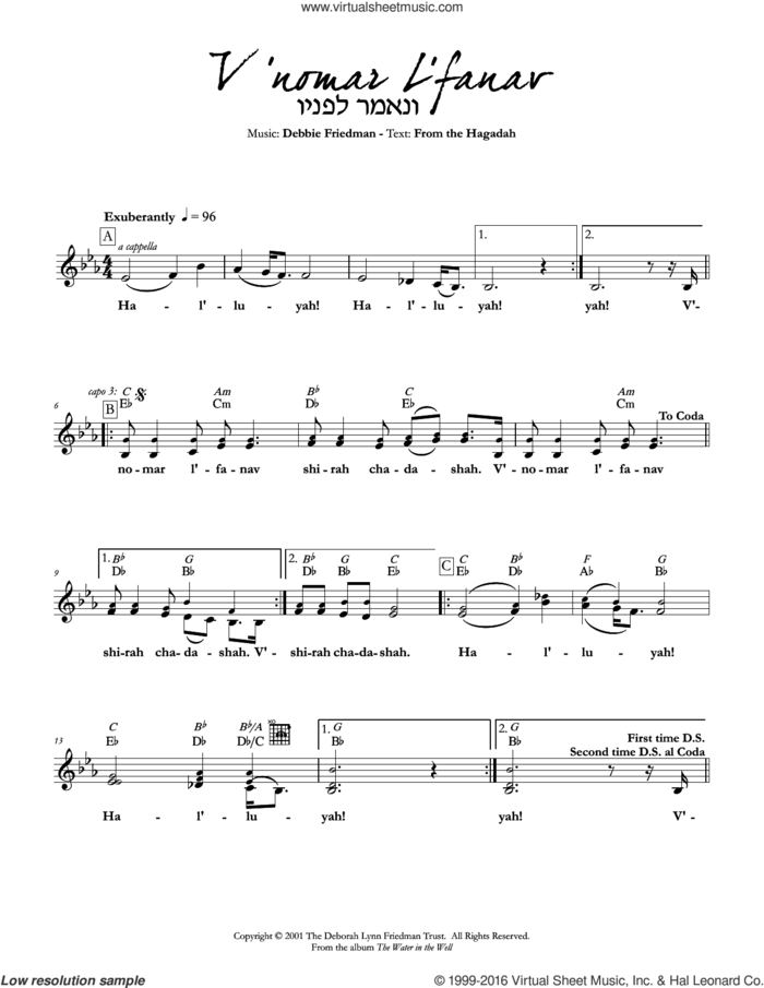 V'nomar L'fanav sheet music for voice and other instruments (fake book) by Debbie Friedman, intermediate skill level
