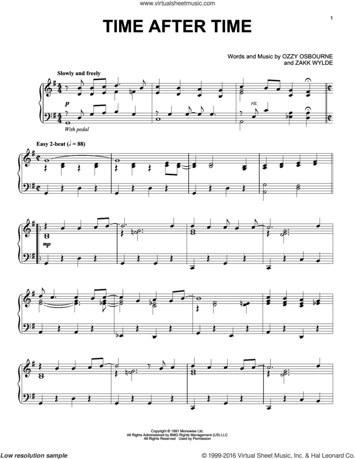 Time After Time [Jazz version] sheet music for piano solo by Ozzy Osbourne and Zakk Wylde, intermediate skill level