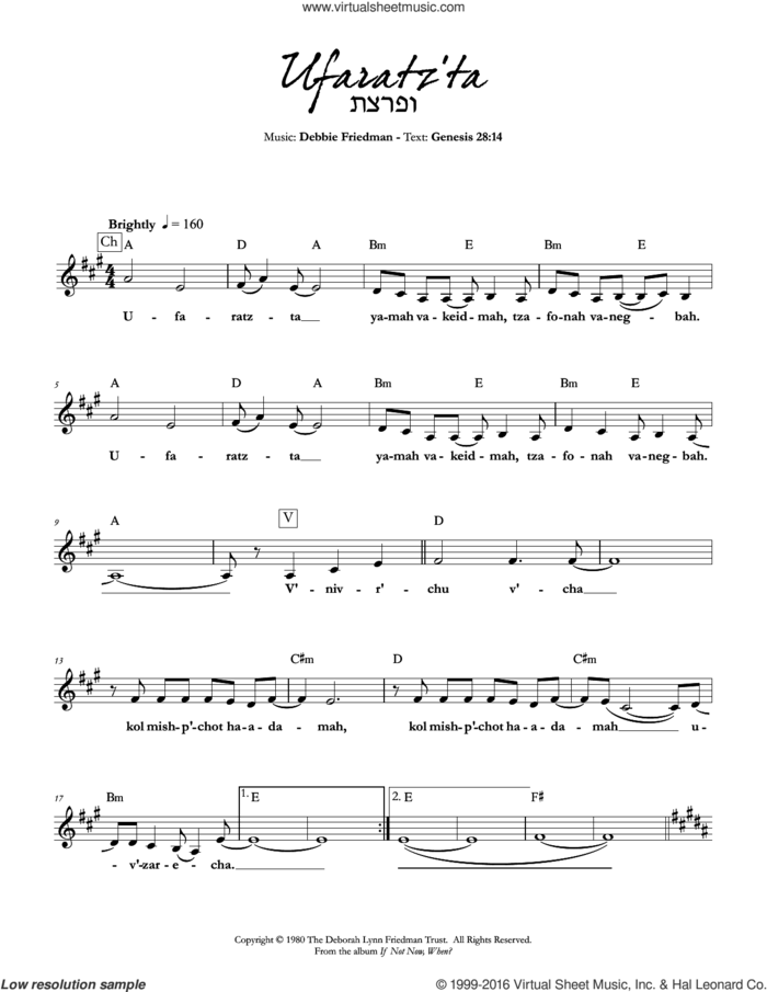 Ufaratz'ta sheet music for voice and other instruments (fake book) by Debbie Friedman, intermediate skill level