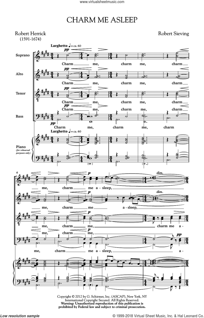 Charm Me Asleep sheet music for choir (SATB: soprano, alto, tenor, bass) by Robert Sieving, intermediate skill level