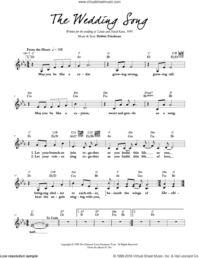 The Wedding Song sheet music for voice and other instruments (fake book) by Debbie Friedman, intermediate skill level