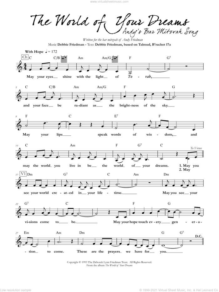 The World of Your Dreams sheet music for voice and other instruments (fake book) by Debbie Friedman, intermediate skill level