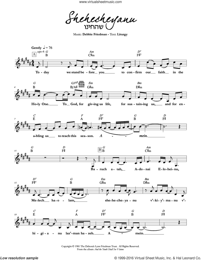 Shehecheyanu sheet music for voice and other instruments (fake book) by Debbie Friedman, intermediate skill level