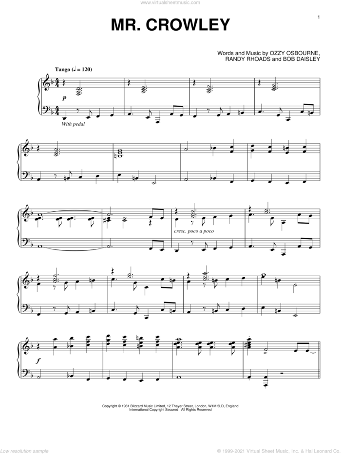 Mr. Crowley [Jazz version] sheet music for piano solo by Ozzy Osbourne, Bob Daisley and Randy Rhoads, intermediate skill level