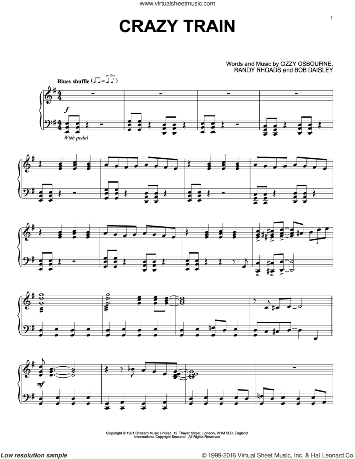 Crazy Train [Jazz version] sheet music for piano solo by Ozzy Osbourne, Bob Daisley and Randy Rhoads, intermediate skill level