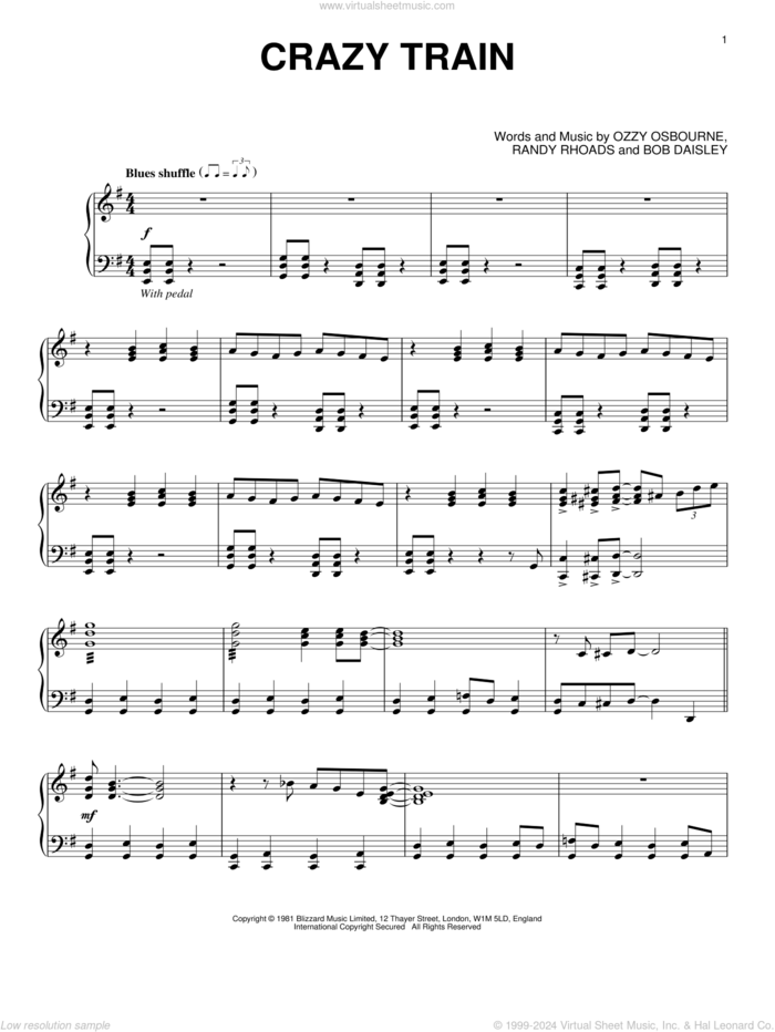 Crazy Train [Jazz version] sheet music for piano solo by Ozzy Osbourne, Bob Daisley and Randy Rhoads, intermediate skill level