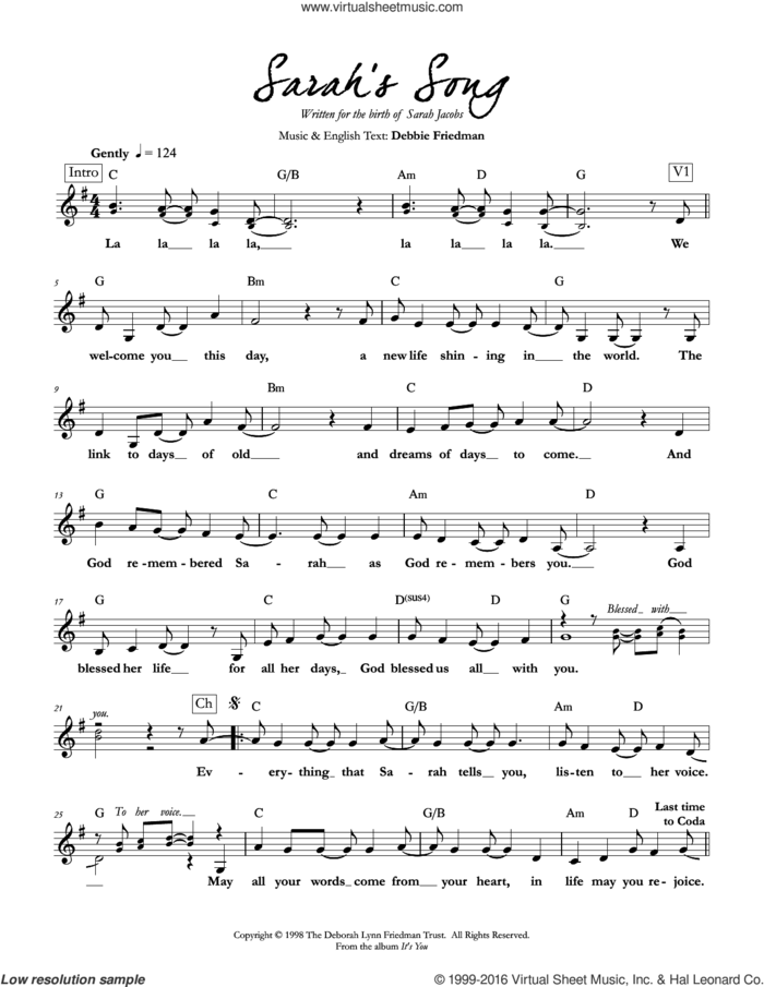 Sarah's Song sheet music for voice and other instruments (fake book) by Debbie Friedman, intermediate skill level
