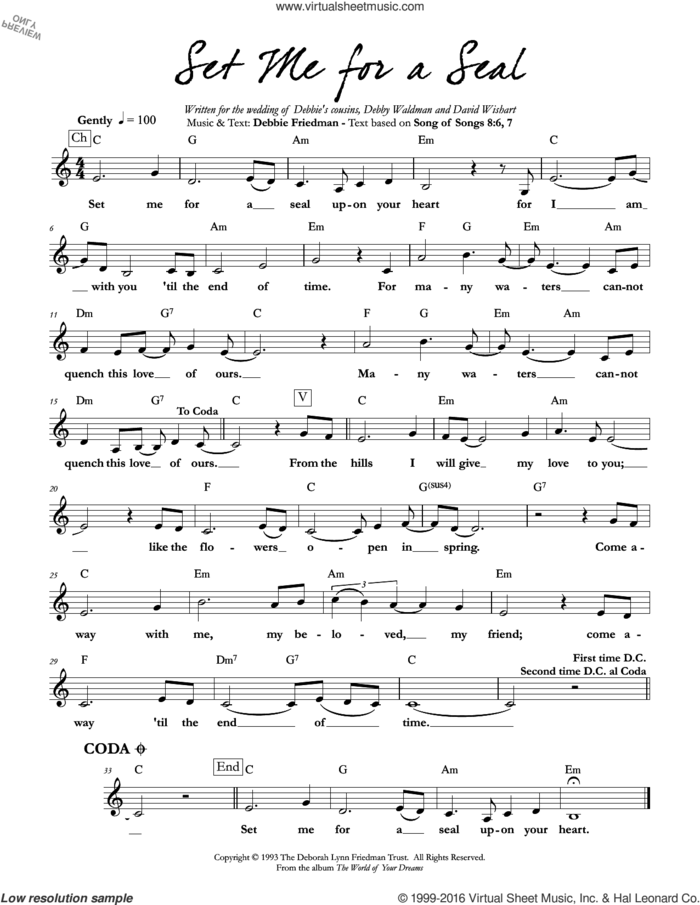 Set Me for a Seal sheet music for voice and other instruments (fake book) by Debbie Friedman, intermediate skill level