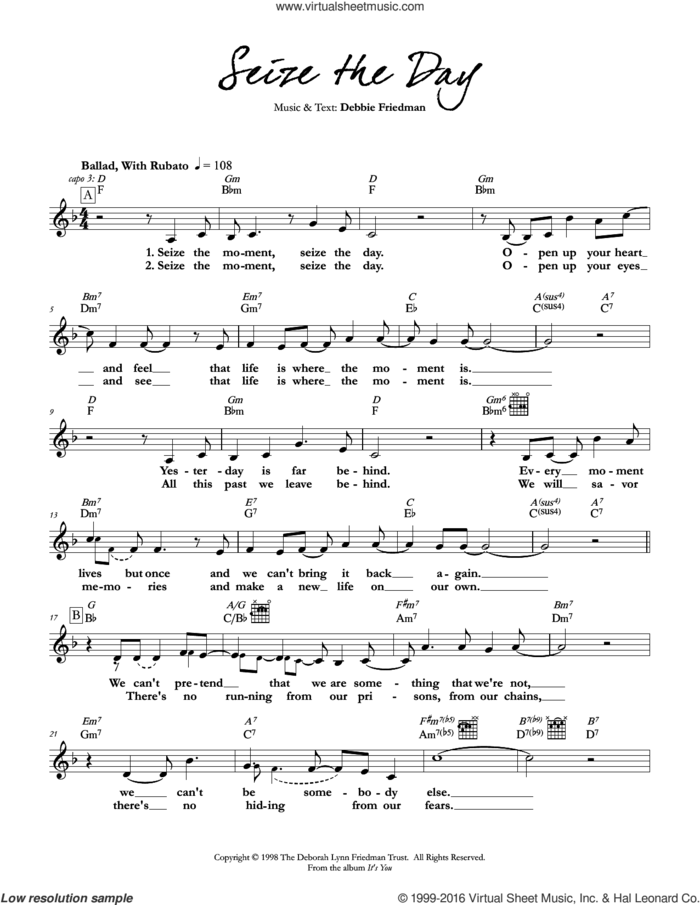 Seize the Day sheet music for voice and other instruments (fake book) by Debbie Friedman, intermediate skill level
