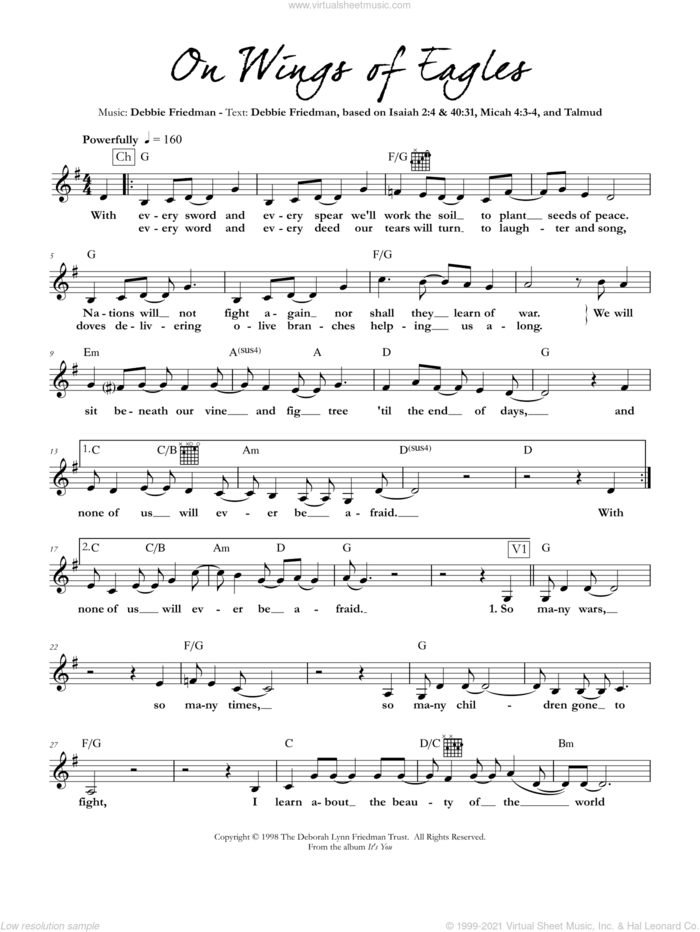 On Wings of Eagles sheet music for voice and other instruments (fake book) by Debbie Friedman, intermediate skill level