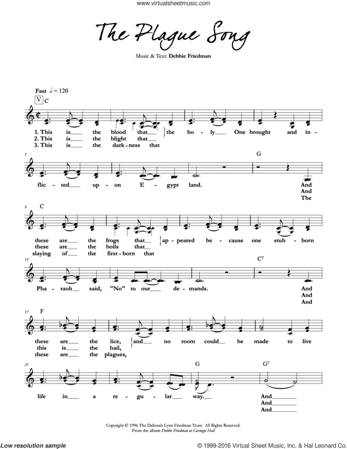 The Plague Song sheet music for voice and other instruments (fake book) by Debbie Friedman, intermediate skill level