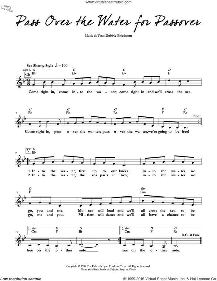 Pass Over the Water for Passover sheet music for voice and other instruments (fake book) by Debbie Friedman, intermediate skill level