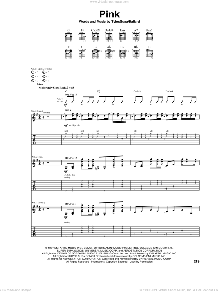 Pink sheet music for guitar (tablature) by Aerosmith, Glen Ballard, Richie Supa and Steven Tyler, intermediate skill level