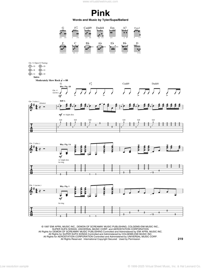 Pink sheet music for guitar (tablature) by Aerosmith, Glen Ballard, Richie Supa and Steven Tyler, intermediate skill level