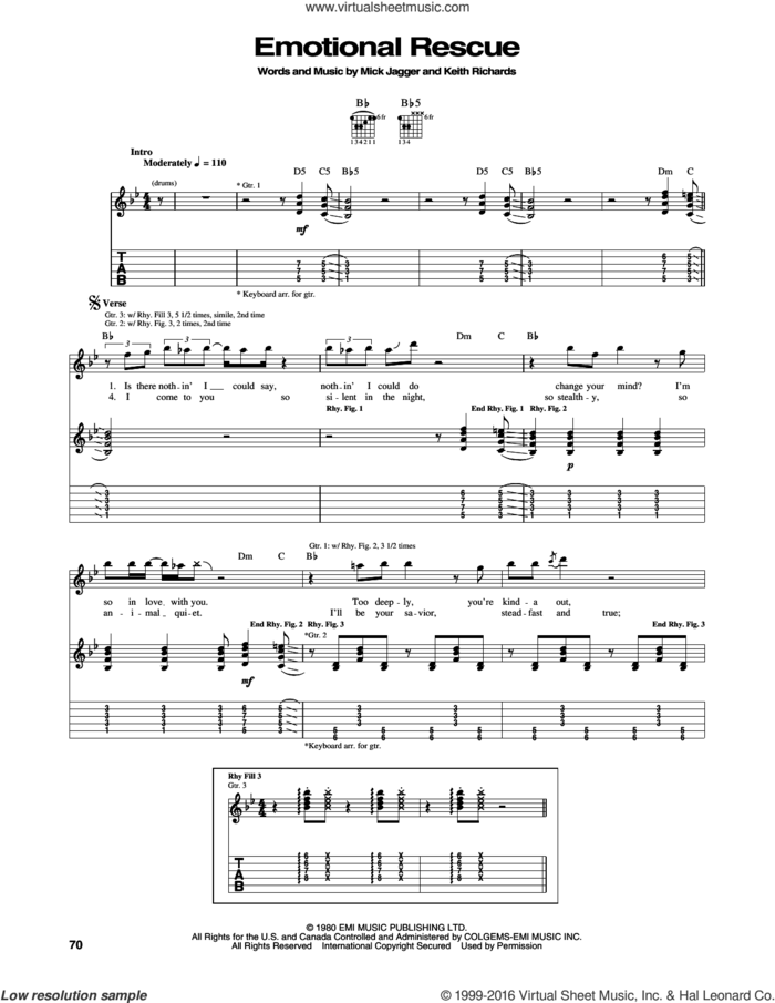 Emotional Rescue sheet music for guitar (tablature) by The Rolling Stones, Keith Richards and Mick Jagger, intermediate skill level