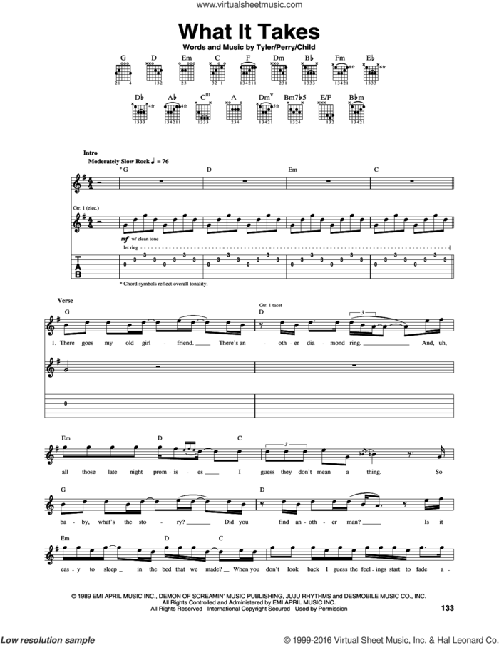 What It Takes sheet music for guitar (tablature) by Aerosmith, Desmond Child, Joe Perry and Steven Tyler, intermediate skill level