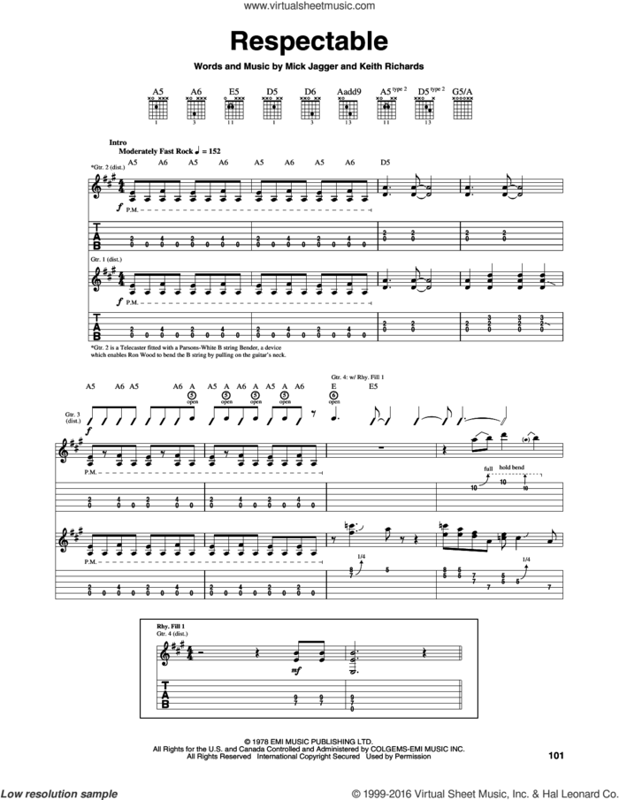 Respectable sheet music for guitar (tablature) by The Rolling Stones, Keith Richards and Mick Jagger, intermediate skill level