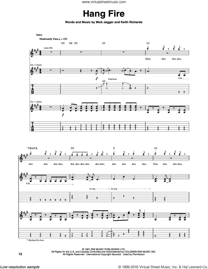 Hang Fire sheet music for guitar (tablature) by The Rolling Stones, Keith Richards and Mick Jagger, intermediate skill level