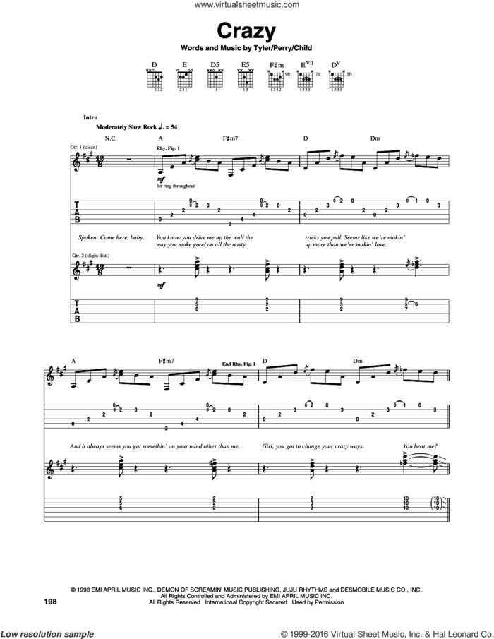 Crazy sheet music for guitar (tablature) by Aerosmith, Desmond Child, Joe Perry and Steven Tyler, intermediate skill level