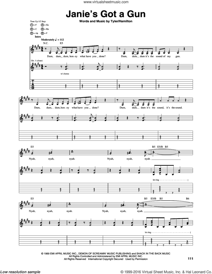 Janie's Got A Gun sheet music for guitar (tablature) by Aerosmith, Steven Tyler and Tom Hamilton, intermediate skill level