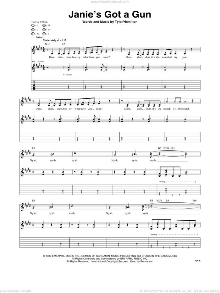 Janie's Got A Gun sheet music for guitar (tablature) by Aerosmith, Steven Tyler and Tom Hamilton, intermediate skill level