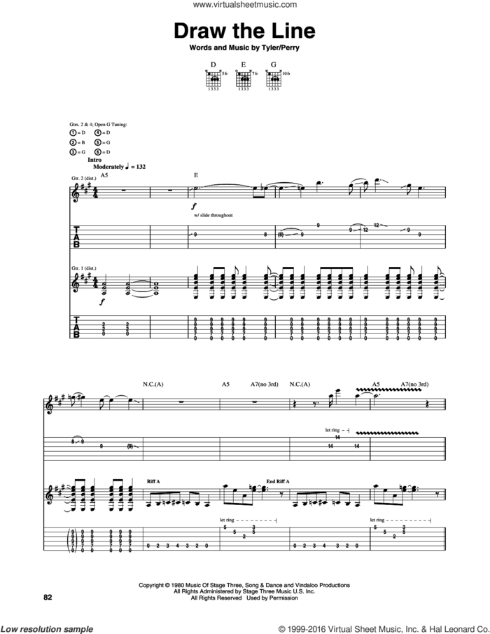Draw The Line sheet music for guitar (tablature) by Aerosmith, Joe Perry and Steven Tyler, intermediate skill level
