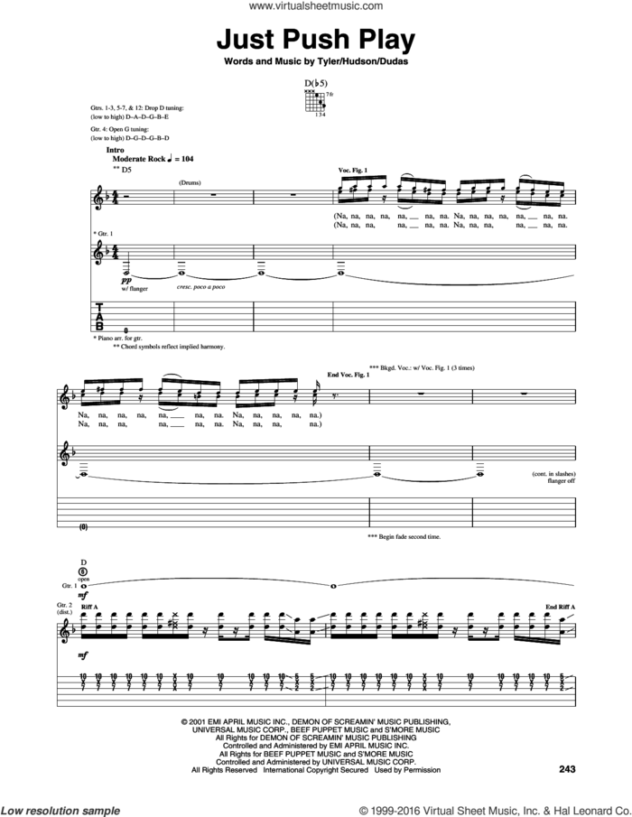 Just Push Play sheet music for guitar (tablature) by Aerosmith, Mark Hudson, Steve Dudas and Steven Tyler, intermediate skill level