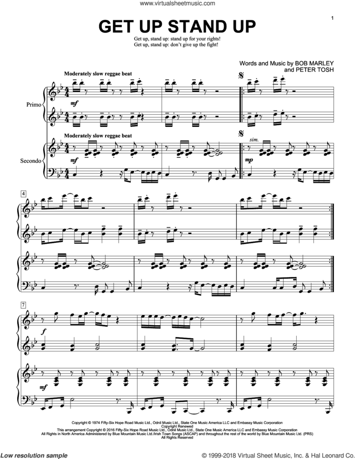 Get Up Stand Up sheet music for piano four hands by Bob Marley, Brent Edstrom and Peter Tosh, intermediate skill level