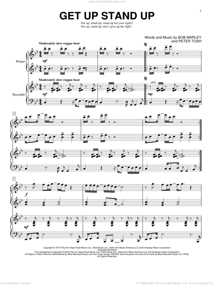 Get Up Stand Up sheet music for piano four hands by Bob Marley, Brent Edstrom and Peter Tosh, intermediate skill level