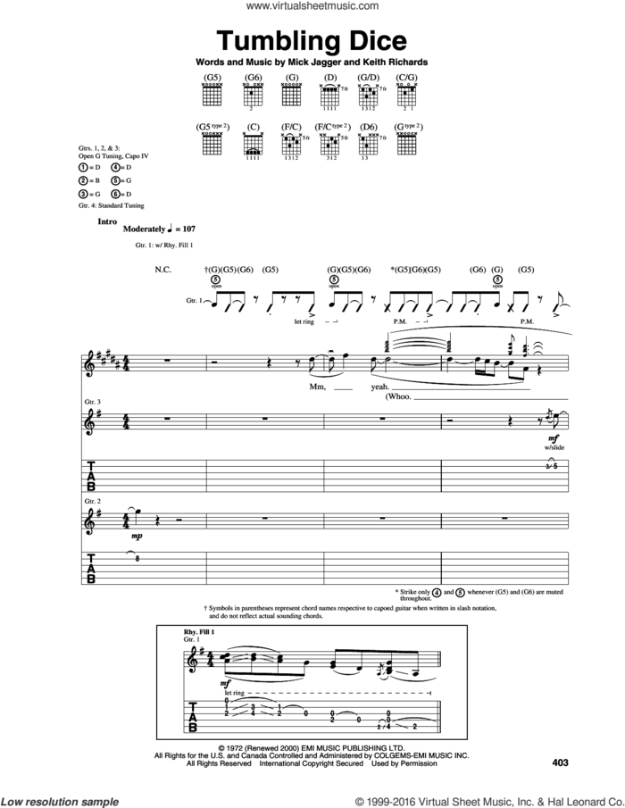 Tumbling Dice sheet music for guitar (tablature) by The Rolling Stones, Keith Richards and Mick Jagger, intermediate skill level
