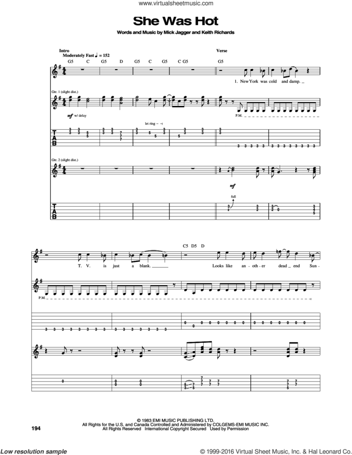 She Was Hot sheet music for guitar (tablature) by The Rolling Stones, Keith Richards and Mick Jagger, intermediate skill level