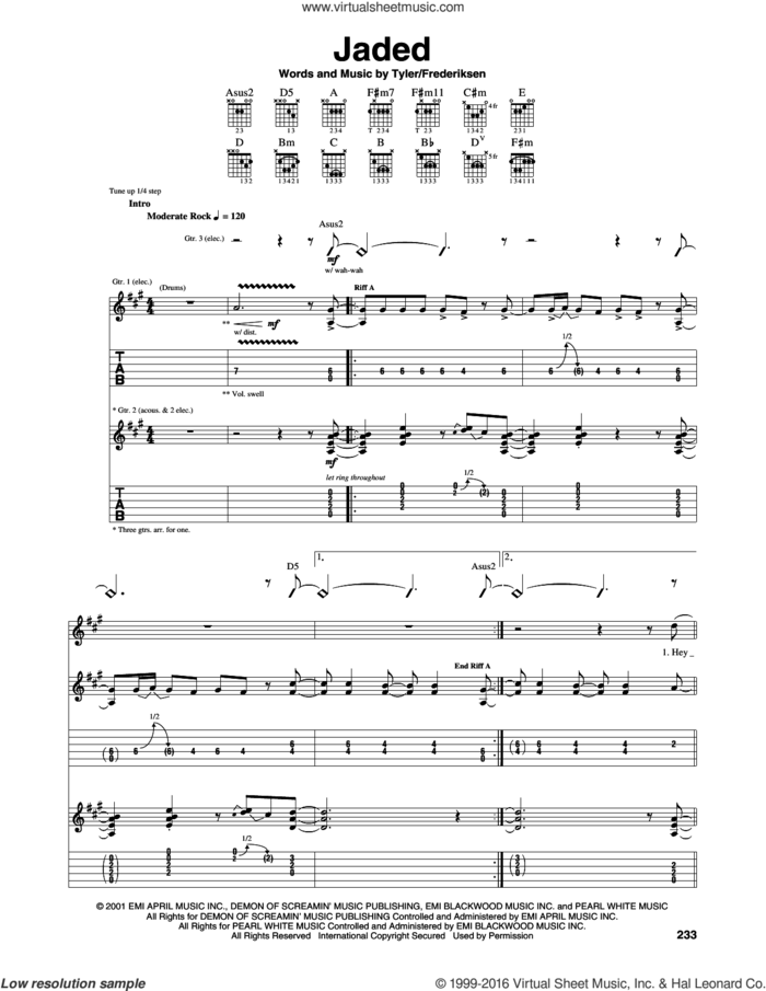 Jaded sheet music for guitar (tablature) by Aerosmith, Marti Frederiksen and Steven Tyler, intermediate skill level