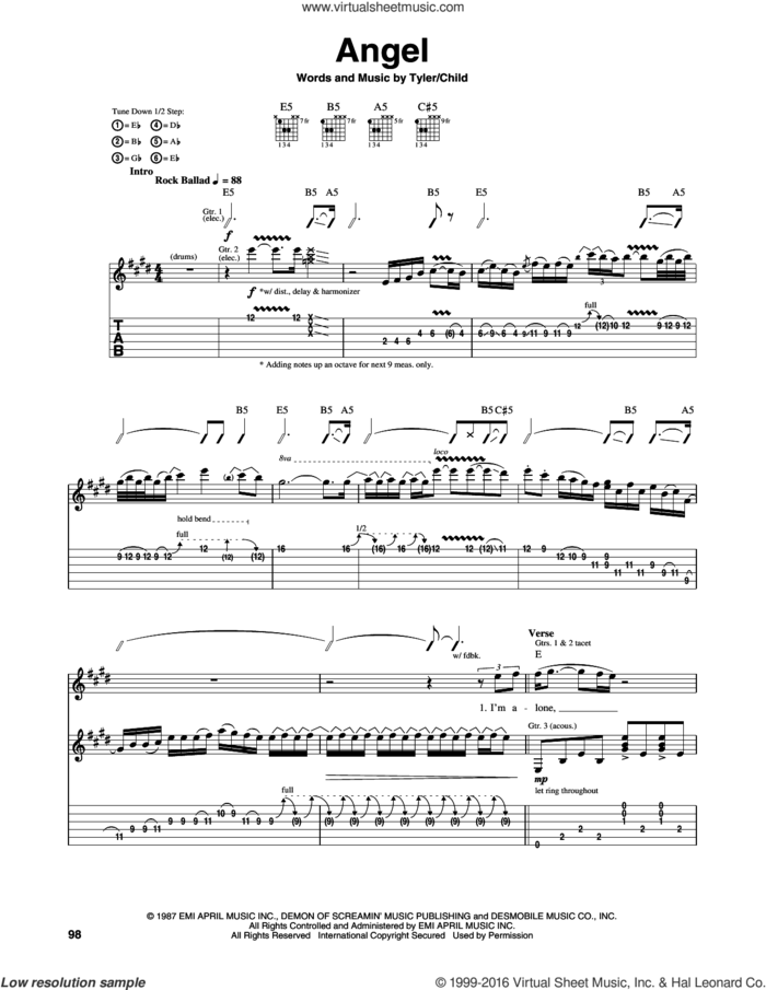 Angel sheet music for guitar (tablature) by Aerosmith, Desmond Child and Steven Tyler, intermediate skill level