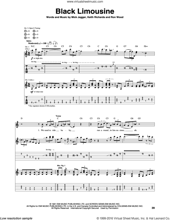 Black Limousine sheet music for guitar (tablature) by The Rolling Stones, Keith Richards, Mick Jagger and Ron Wood, intermediate skill level