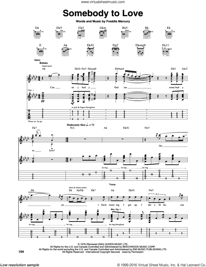 Somebody To Love sheet music for guitar (tablature) by Queen and Freddie Mercury, intermediate skill level