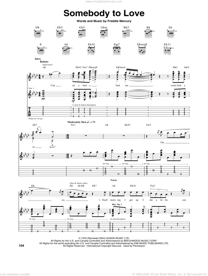 Somebody To Love sheet music for guitar (tablature) by Queen and Freddie Mercury, intermediate skill level